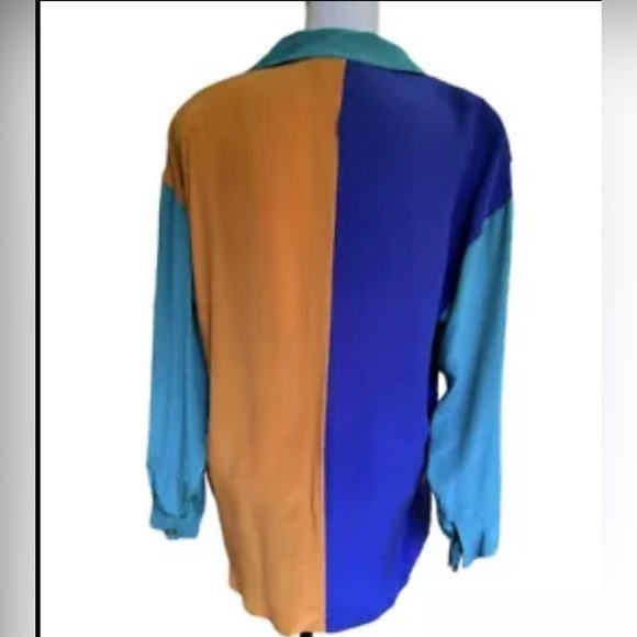 Vtg 80s Top 100% Silk Color Block Blouse Gold Buttons Shoulder Pads Size L - Picture 4 of 10